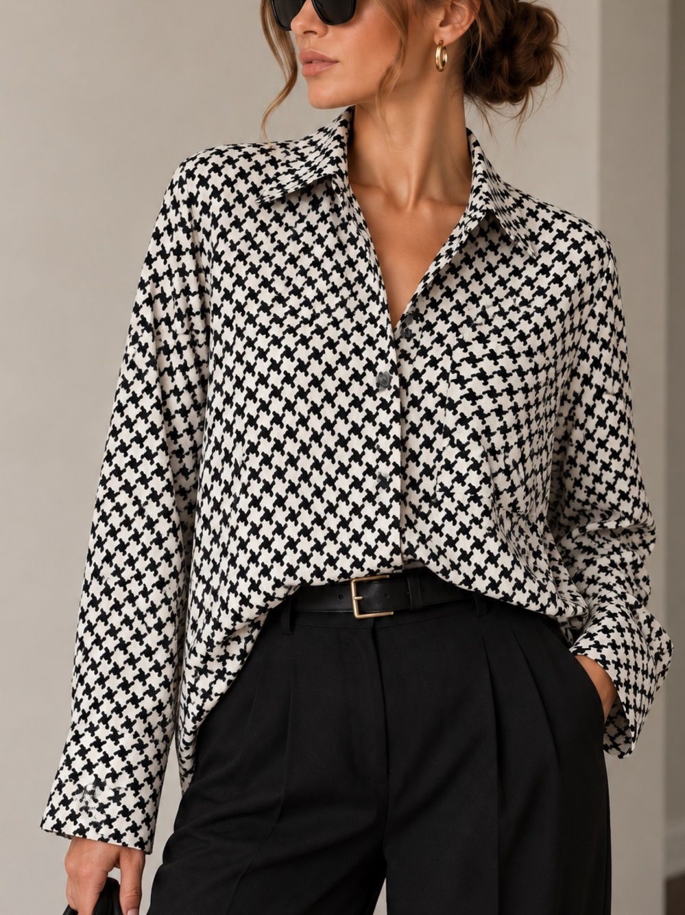 NWOT Massimo Dutti Black Ivory Houndstooth Cupro Viscose Blouse Size 10